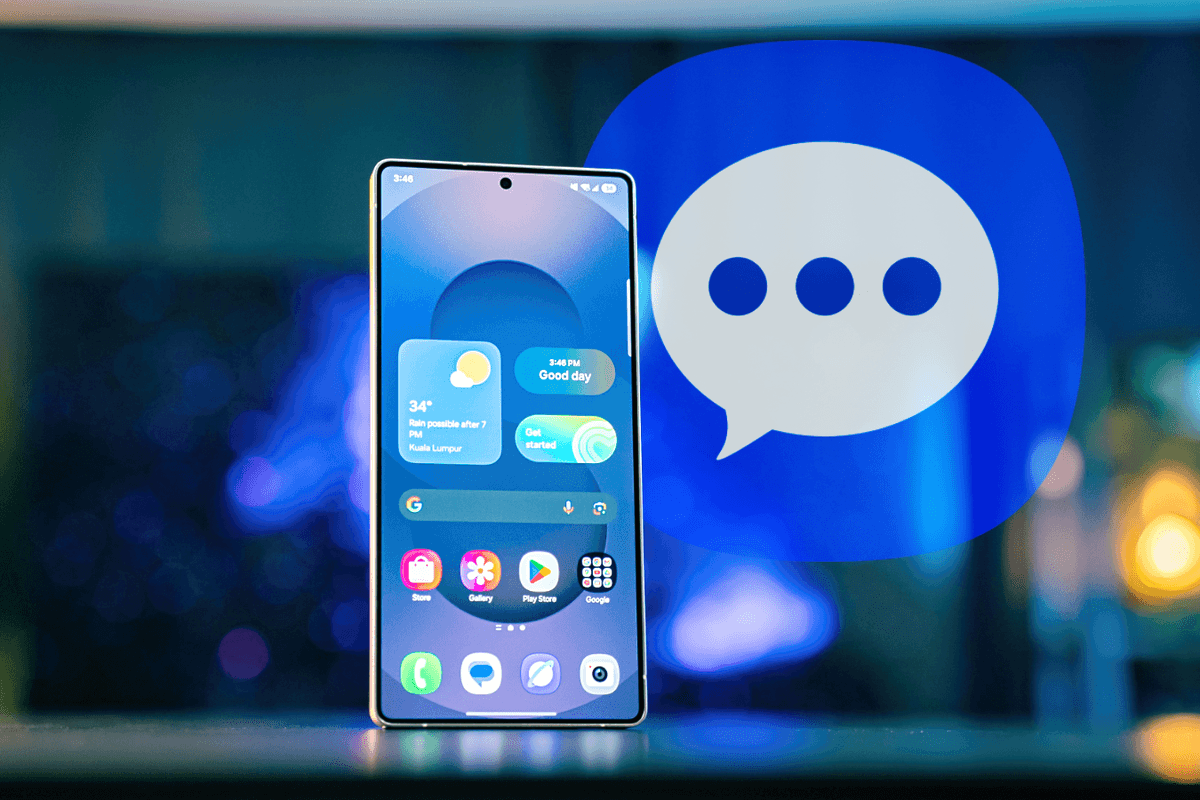 Samsung Galaxy smartphone with the Messages app in the background