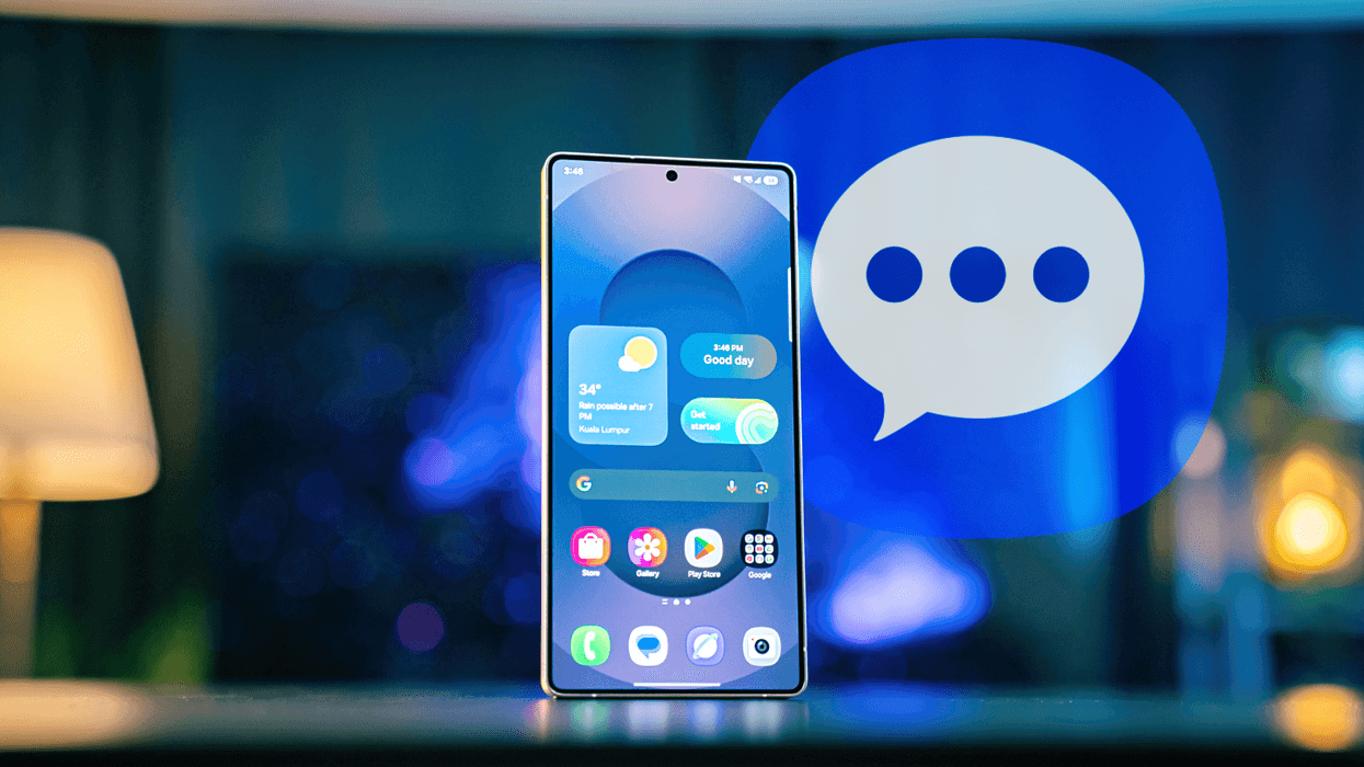 Samsung Galaxy smartphone with the Messages app in the background