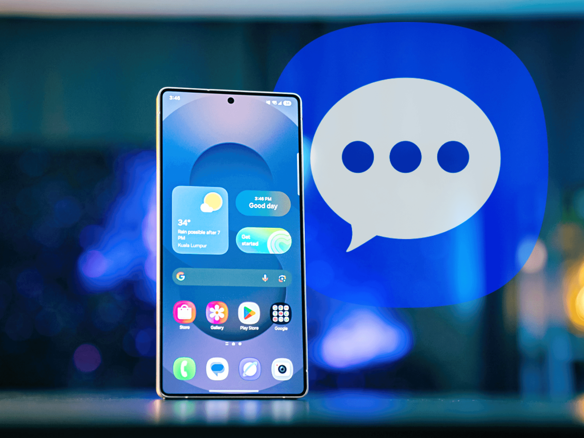 Samsung Galaxy smartphone with the Messages app in the background