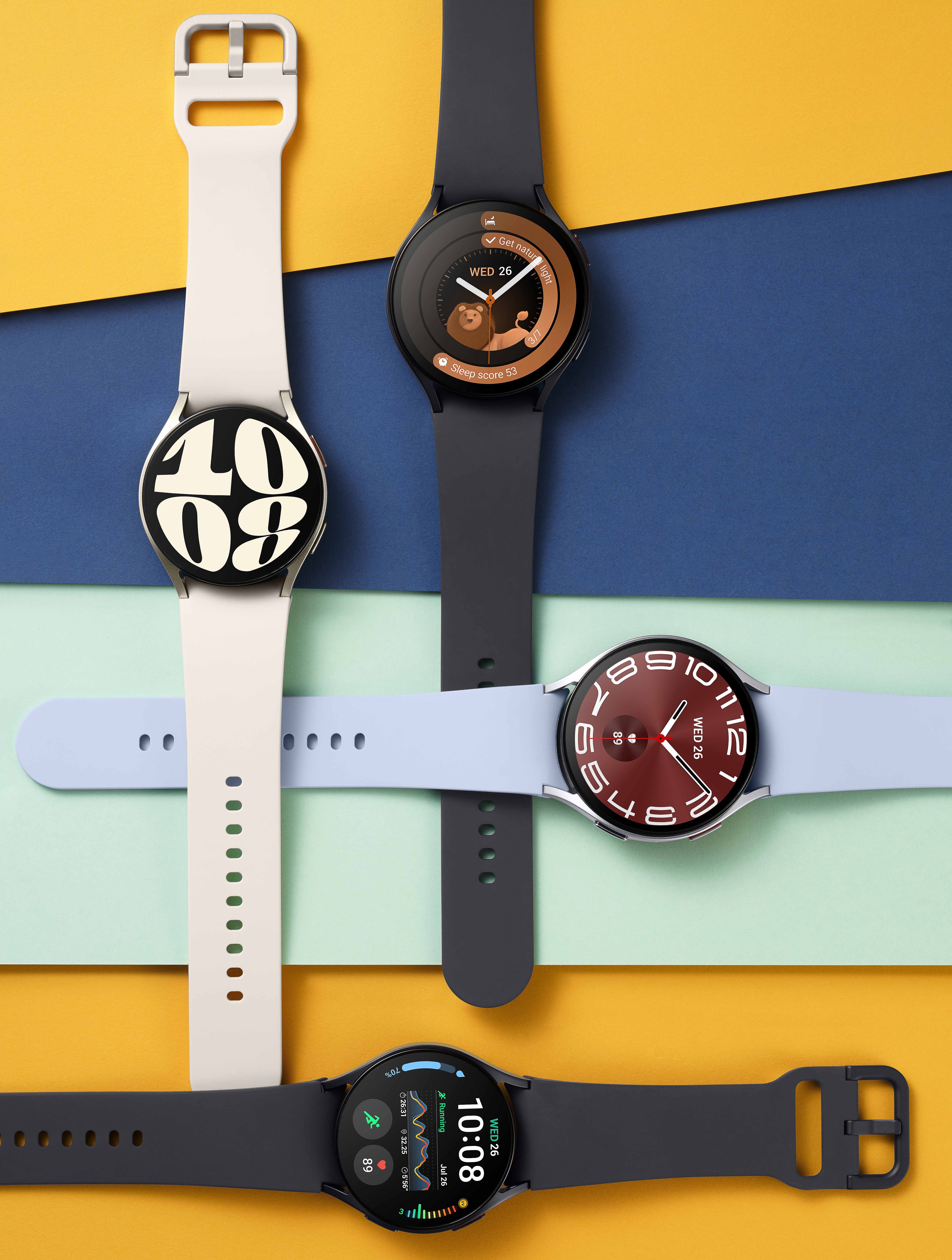 samsung galaxy watch6 pictured on coloured background with different combinations of strap colours and digital watch faces