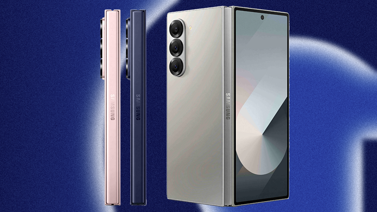 samsung galaxy z fold 6 pictured in Silver Shadow, Pink, and Navy colours on a blue background