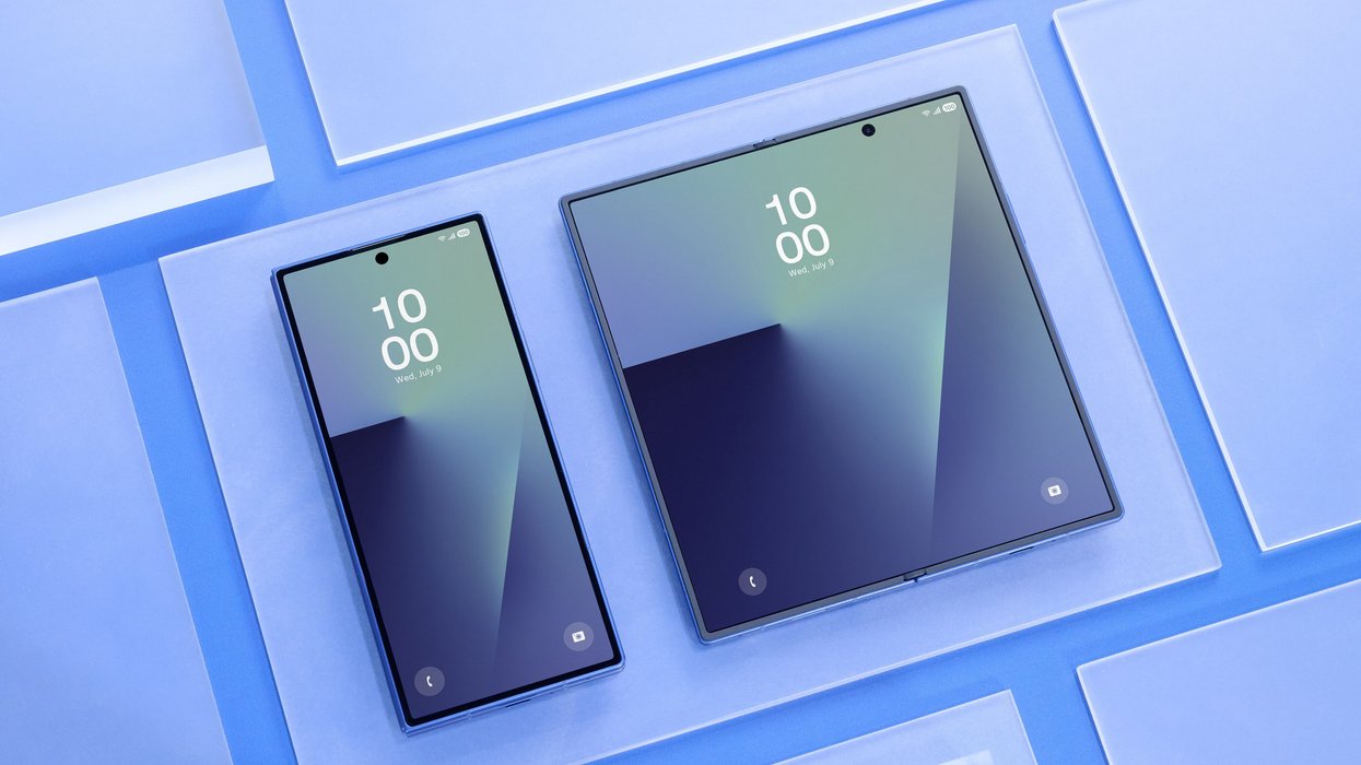 samsung galaxy z fold 7 pictured folded and unfolded on a blue pattern background