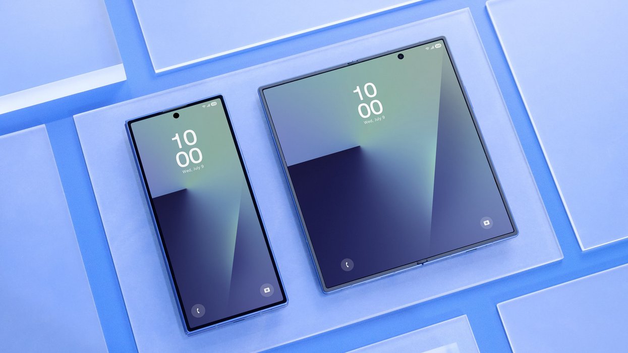samsung galaxy z fold 7 pictured folded and unfolded on a blue pattern background
