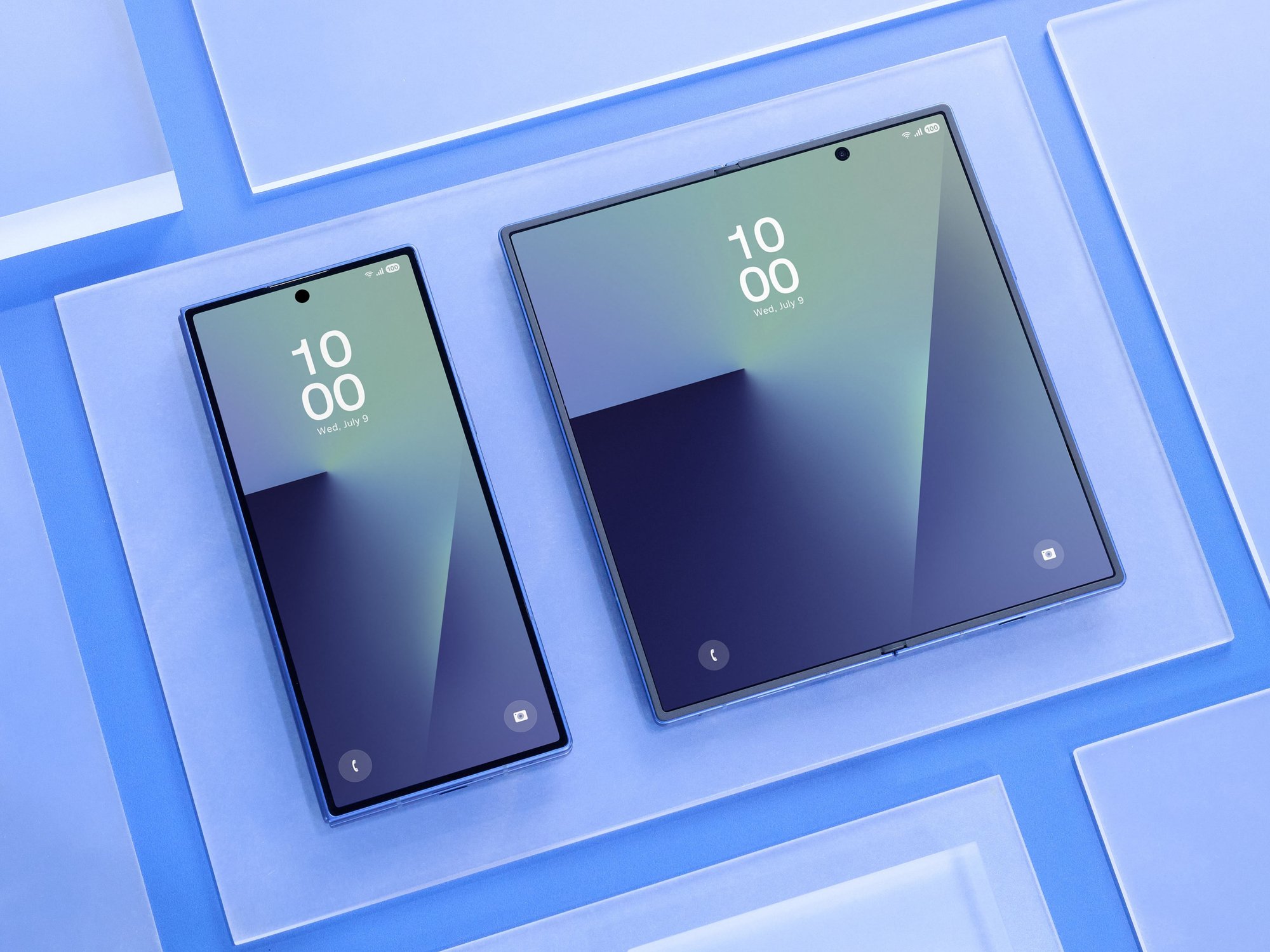 samsung galaxy z fold 7 pictured folded and unfolded on a blue pattern background