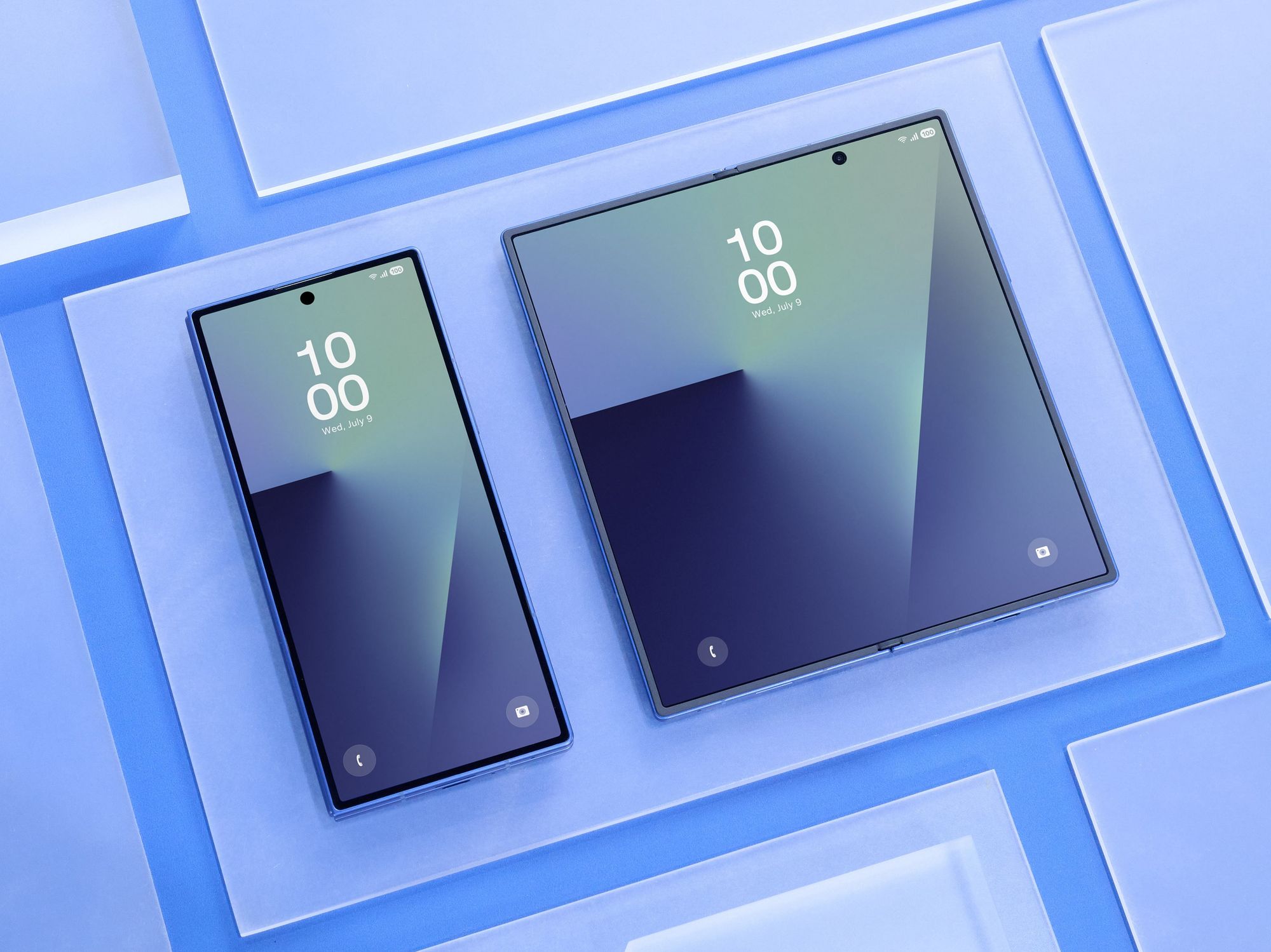 samsung galaxy z fold 7 pictured folded and unfolded on a blue pattern background