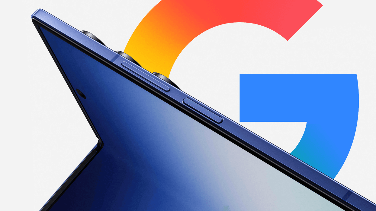 Samsung Galaxy Z Fold 7 pictured open with a Google logo in the background