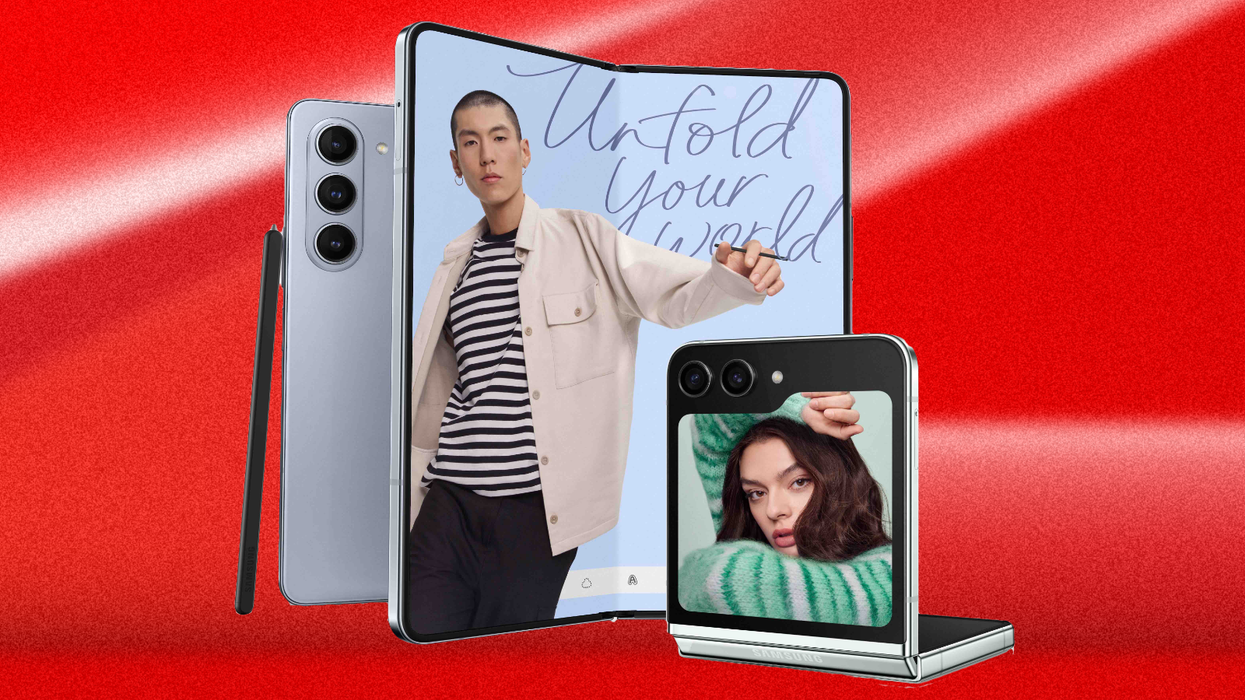 samsung galaxy z fold5 and galaxy z flip5 on a red background