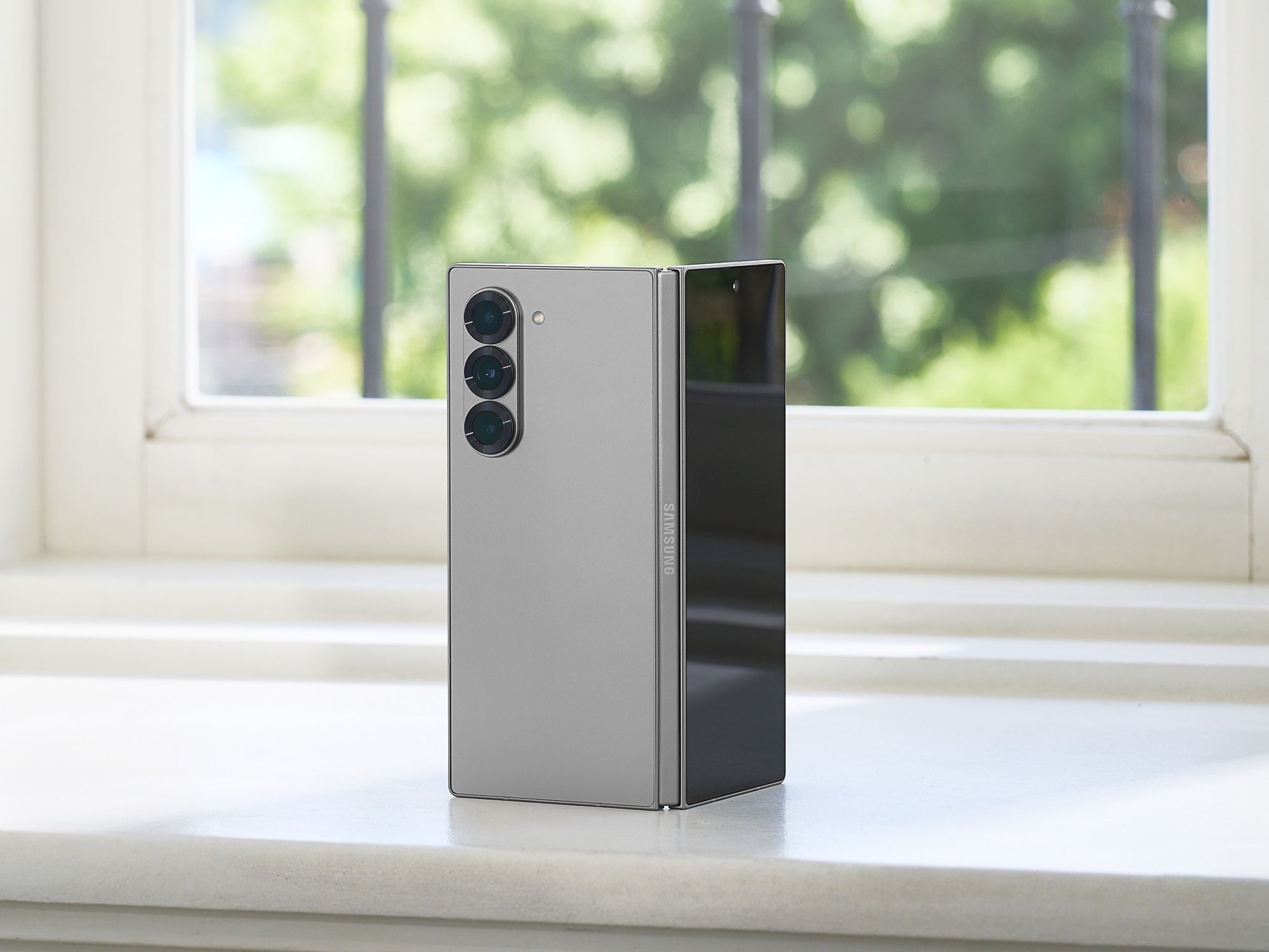 samsung galazy Z fold 6 pictured open on the windowsill