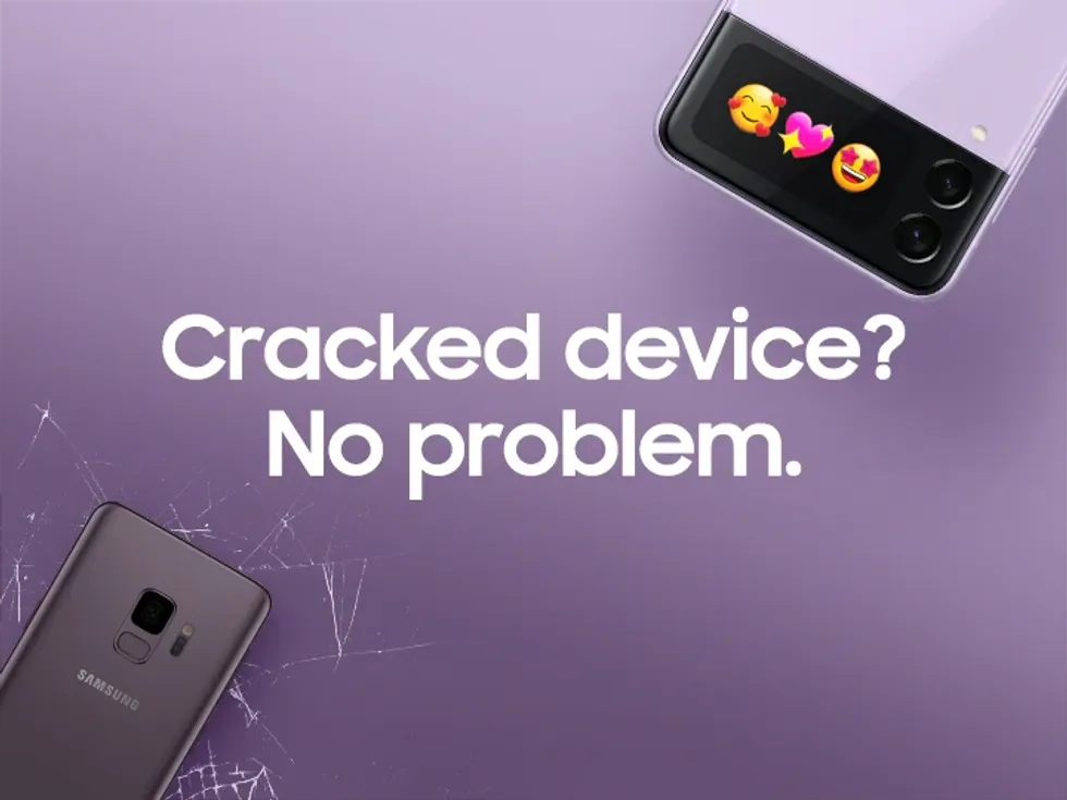 samsung phones pictured with a smashed glass screen on a purple background