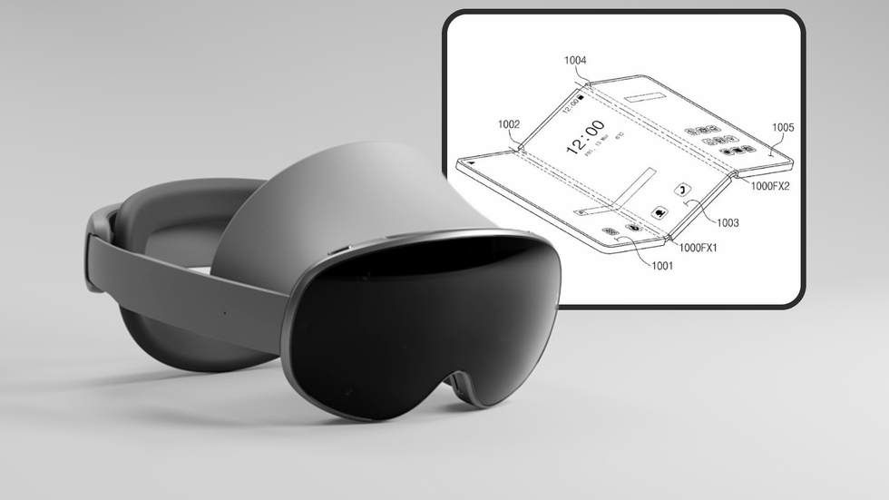 samsung Project Moohan headset XR with a triple-folding Galaxy Z Fold patent in an inset image