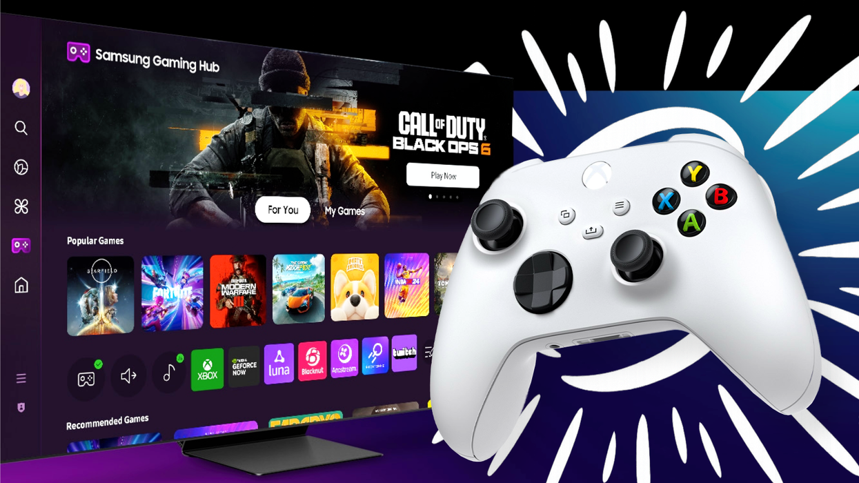 Samsung Smart TV with the Gaming Hub menu open and an xbox wireless controller in the foreground