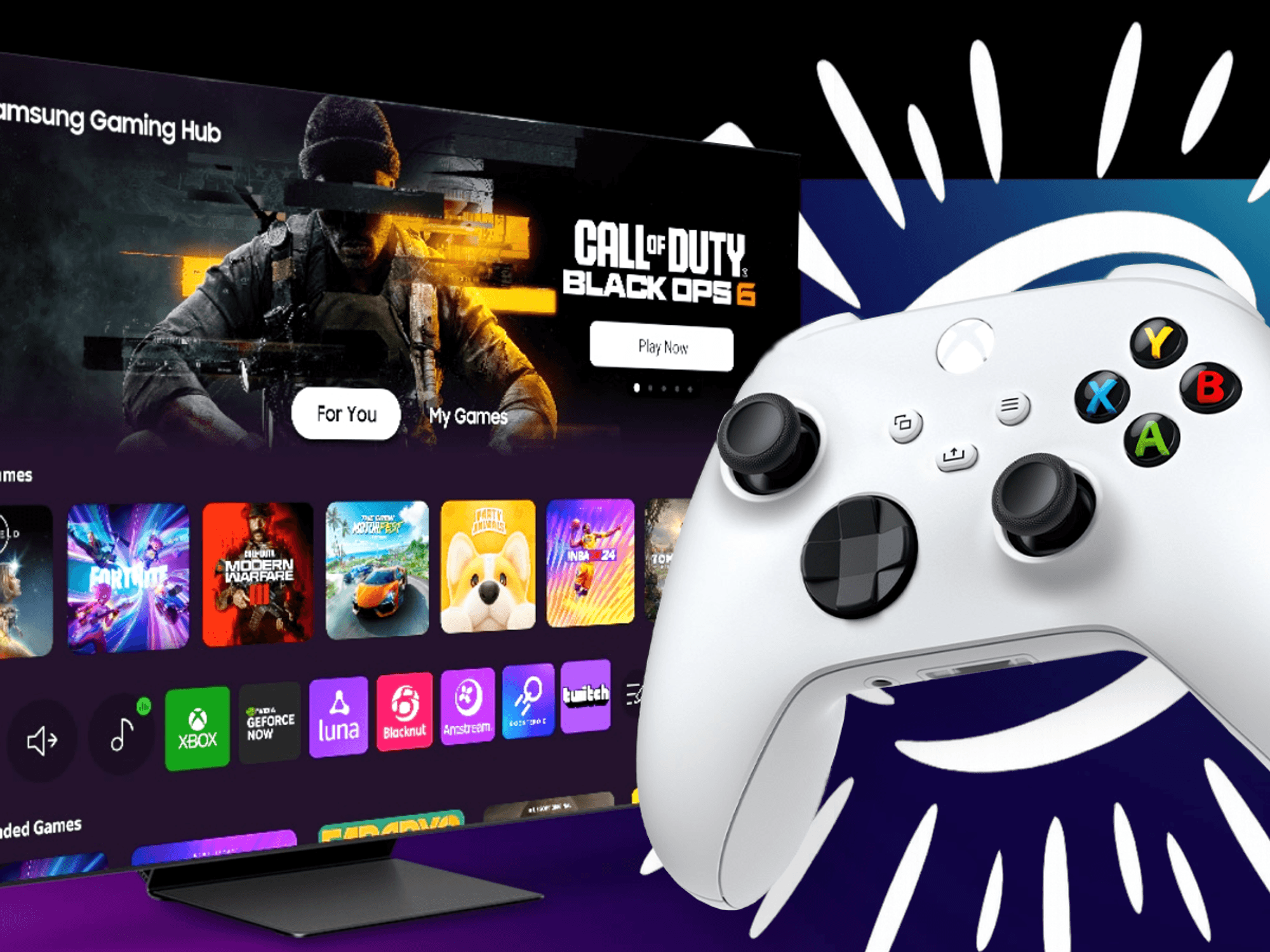 Samsung Smart TV with the Gaming Hub menu open and an xbox wireless controller in the foreground