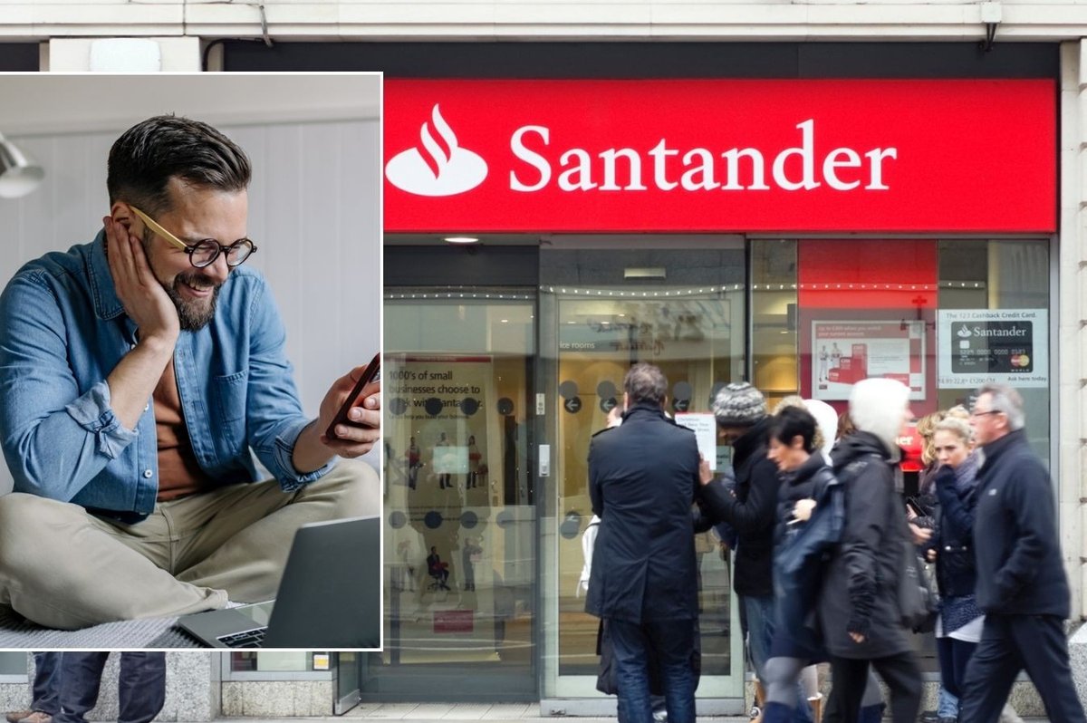 Santander bank and man on phone