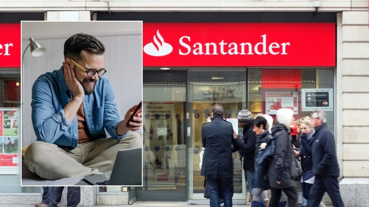 Santander bank and man on phone