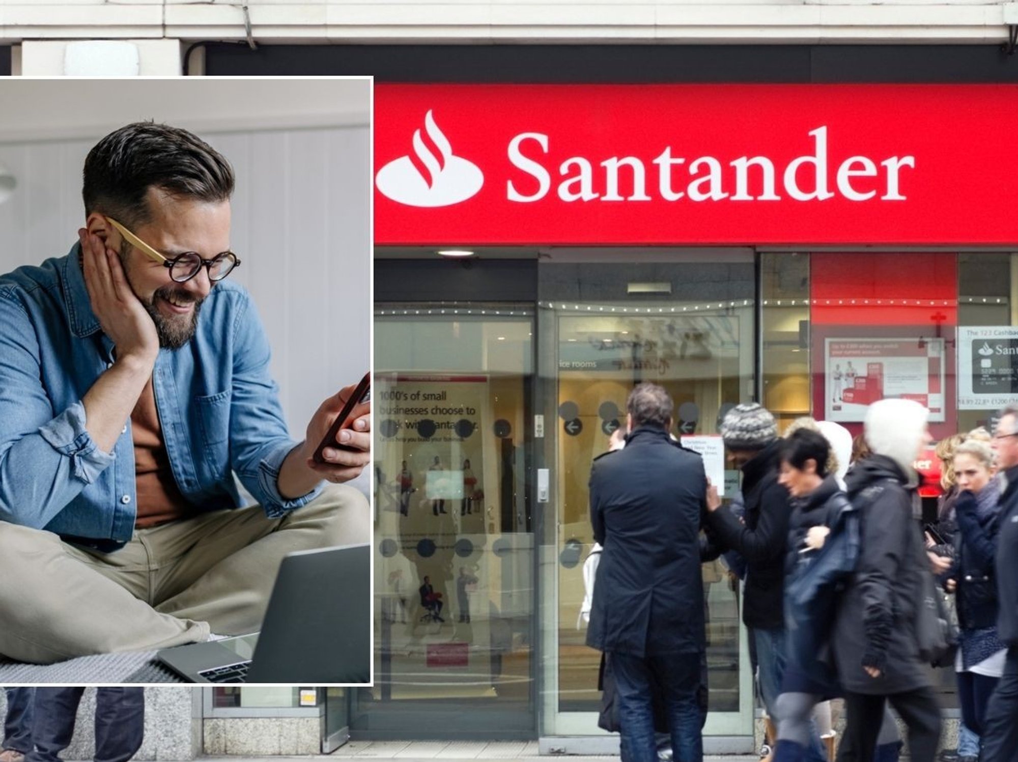 Santander bank and man on phone
