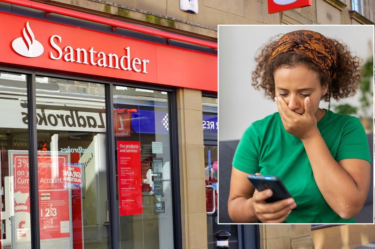 Santander branch and worried woman