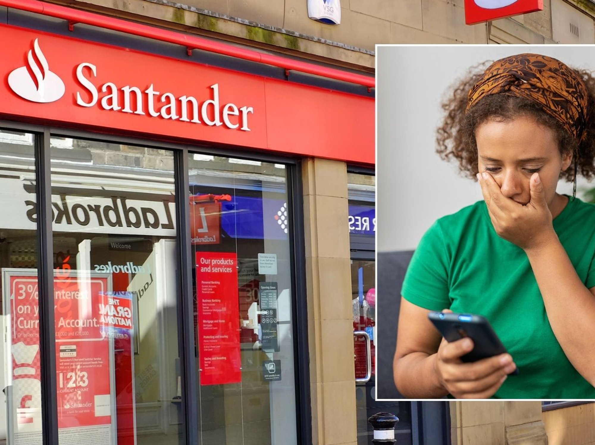 Santander branch and worried woman