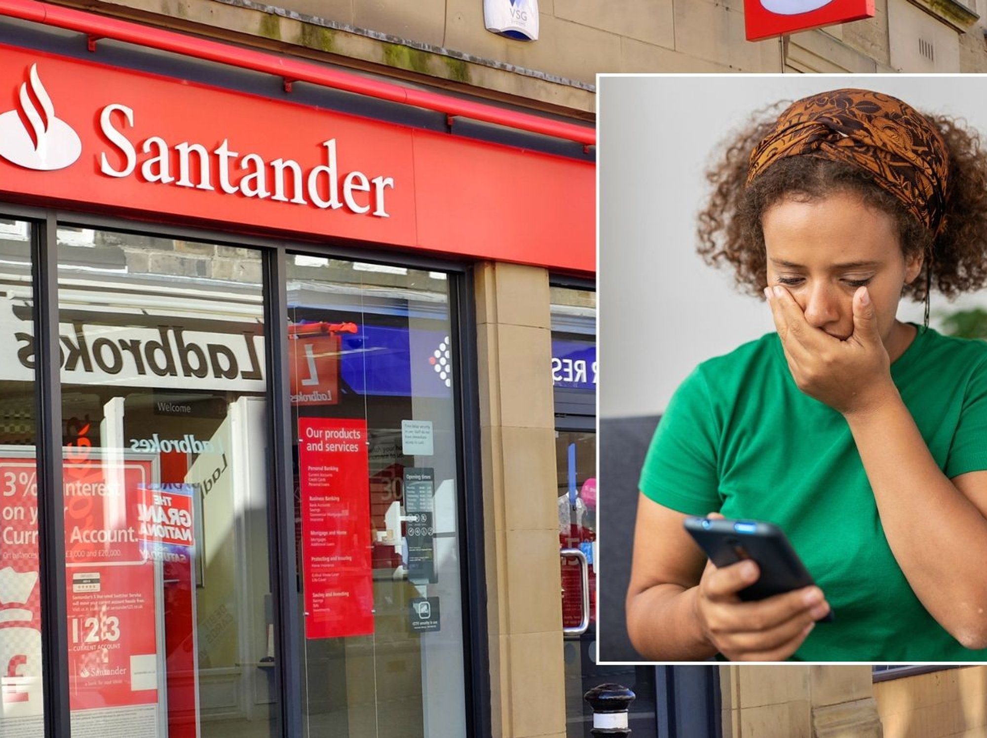 Santander branch and worried woman