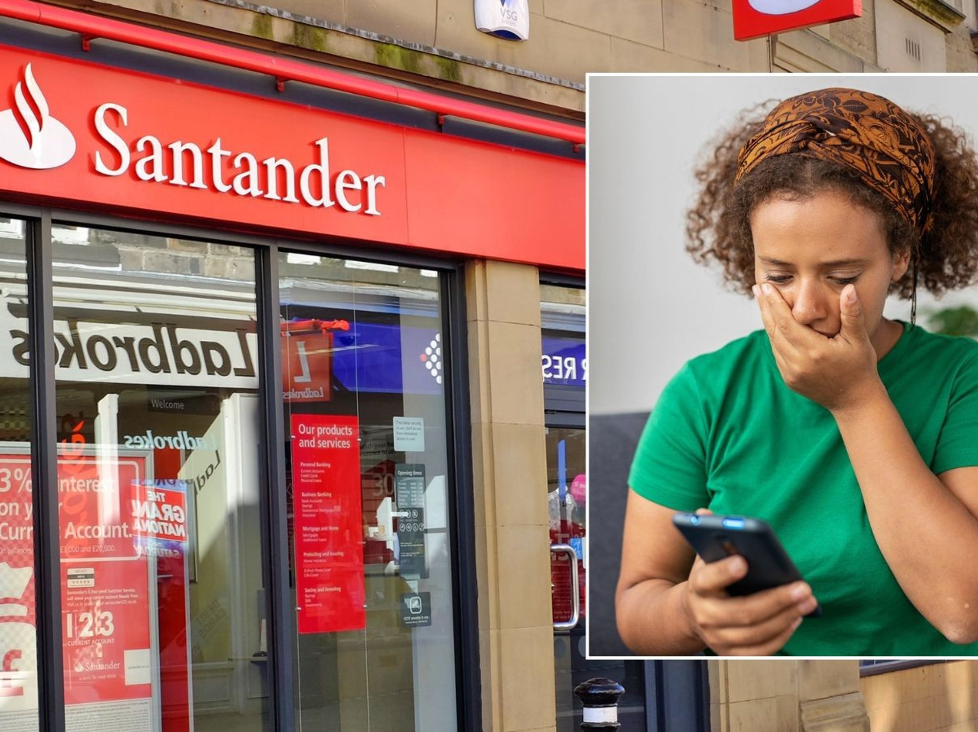 Santander branch and worried woman