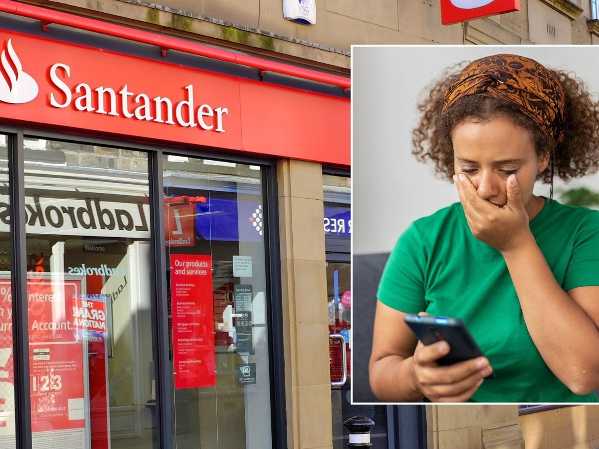 Santander branch and worried woman