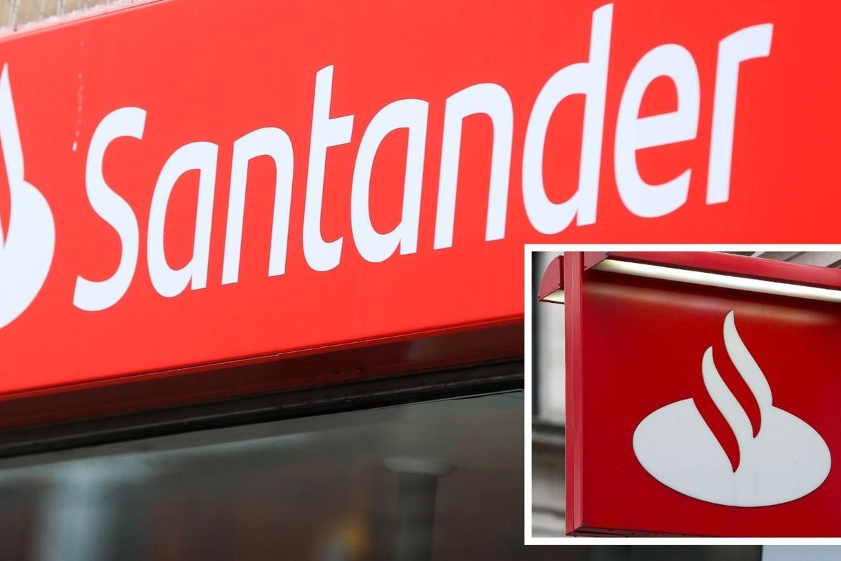 Santander UK logo outside bank branch in UK