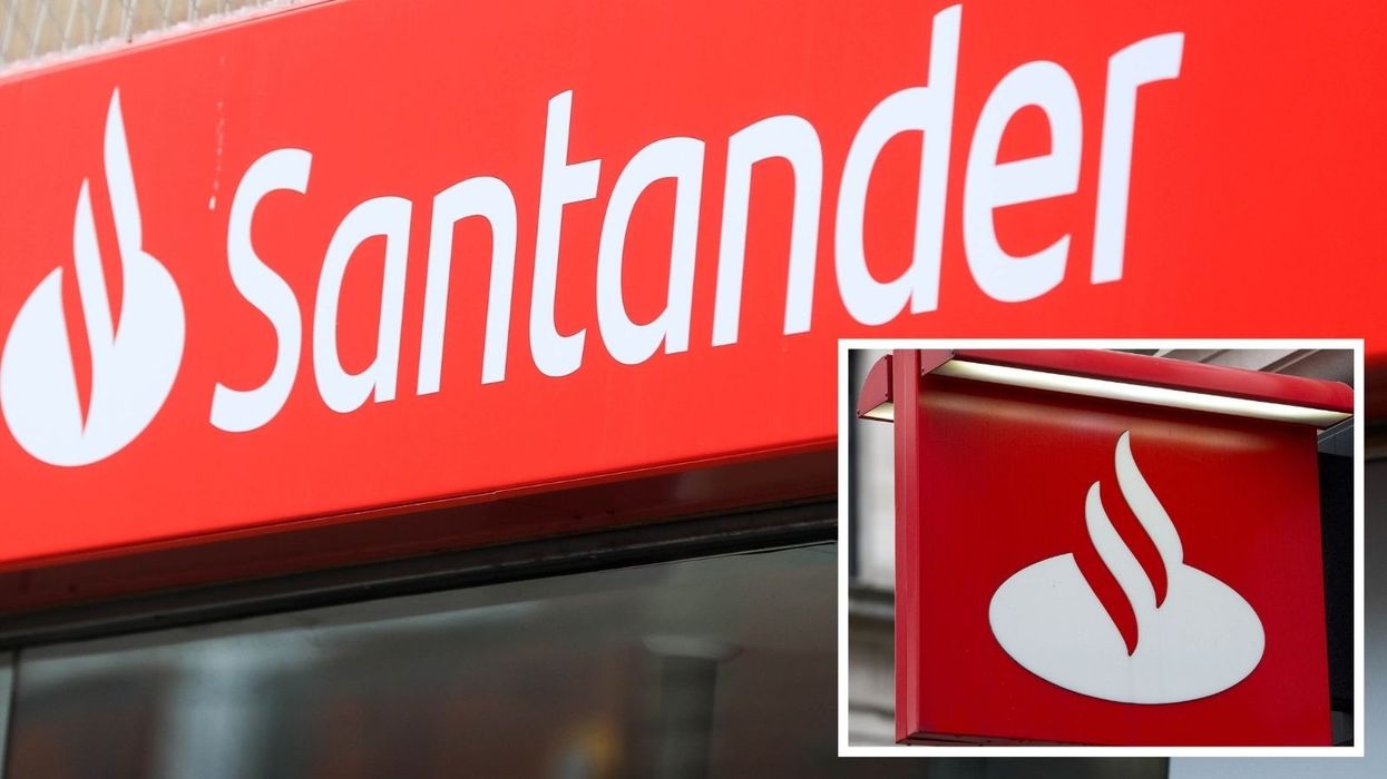 Santander UK logo outside bank branch in UK