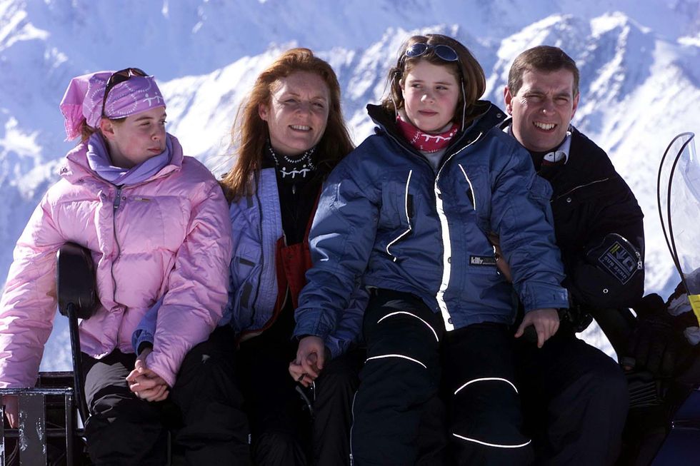 Sarah and Andrew with their daughters Princess Beatrice (left) and Princess Eugenie (2nd right) during a skiing holiday in the Swiss Alps\u200b