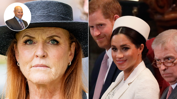 Sarah Ferguson (left), Prince Harry, Meghan Markle, Prince Andrew (right)