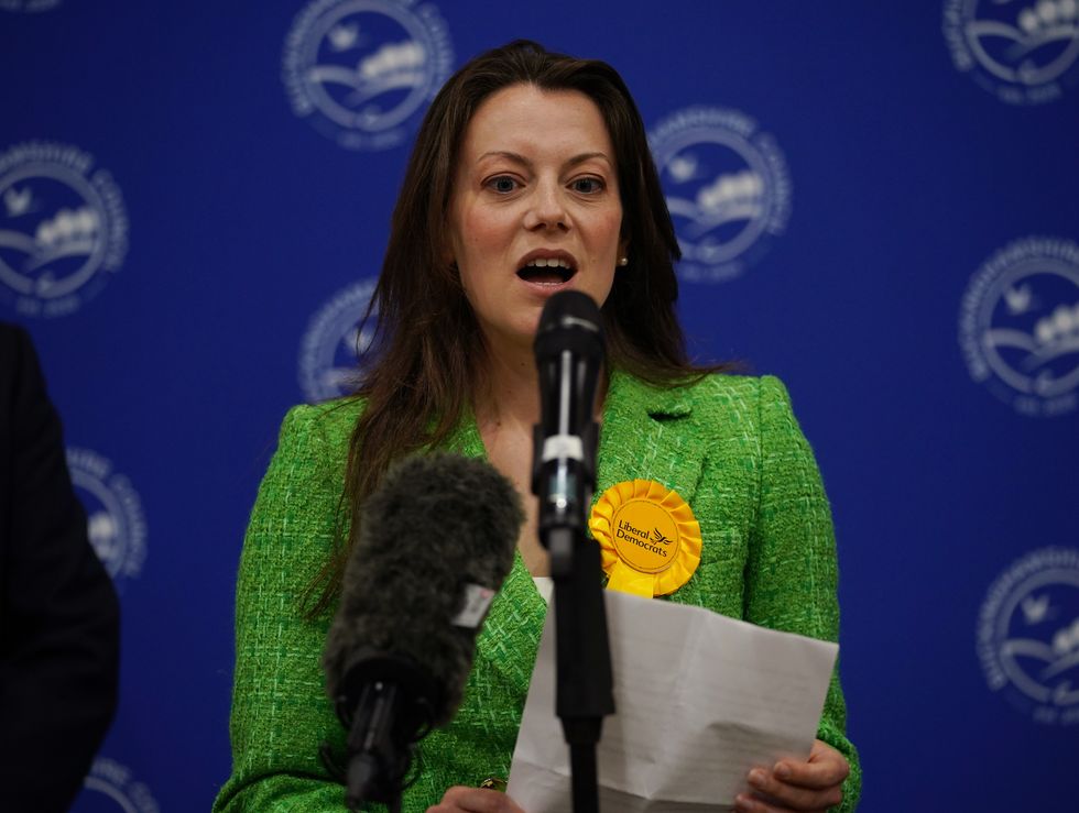 Sarah Green of the Liberal Democrats makes a speech after being declared winner in the Chesham and Amersham by-election at Chesham Leisure Centre in Chesham, Buckinghamshire, where she defeated Conservative candidate Peter Fleet, who came second. Picture date: Friday June 18, 2021.