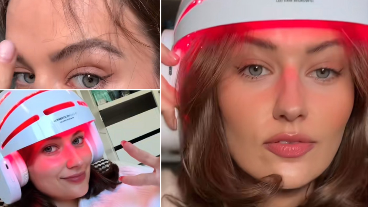 Sarah Palmyra wearing a red light helmet in her TikTok, showing new hair regrowth