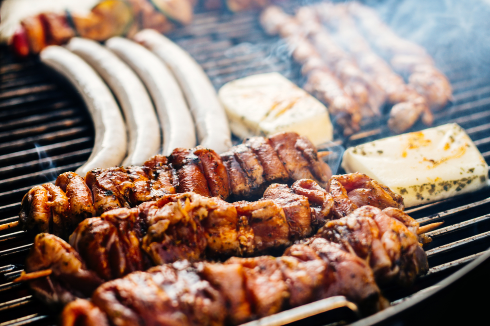 Sausages and grilled meat on a barbecue