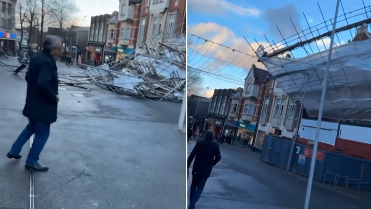 Storm Henk CHAOS: Shocking footage captures shoppers in near miss as scaffolding collapses in town centre