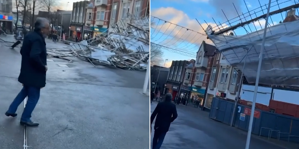 NextImg:Shocking footage captures shoppers in near miss as scaffolding collapses in town centre