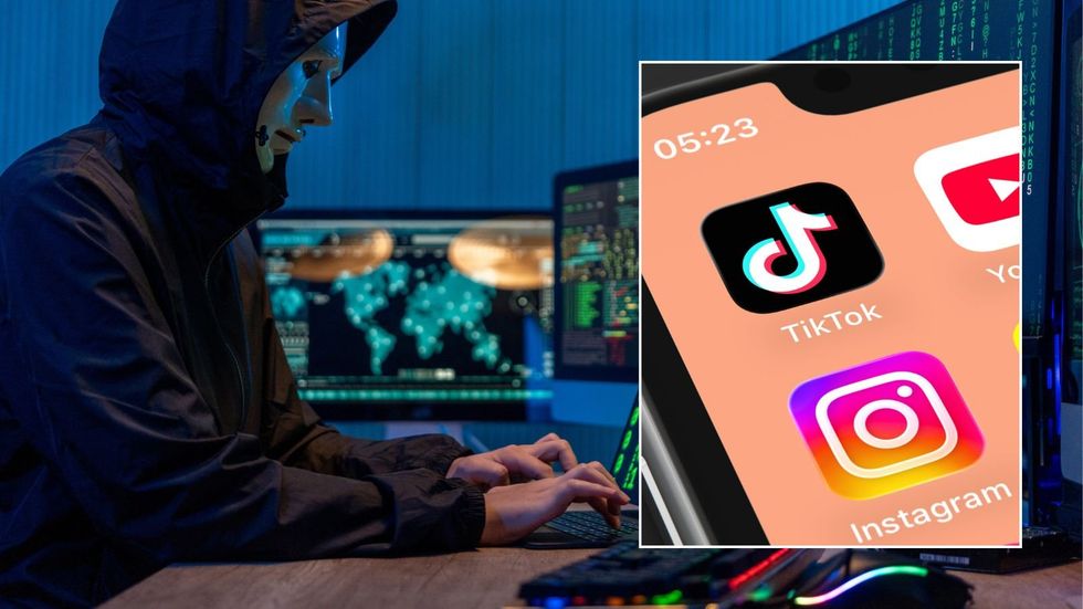 Scammer on laptop and TikTok logo