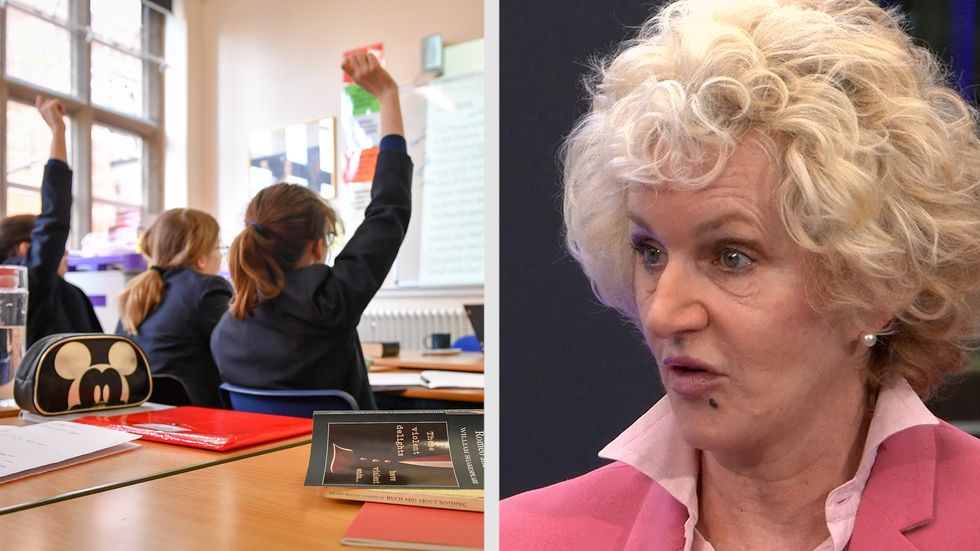 Schoolchildren in a classroom and Harriet Sergeant