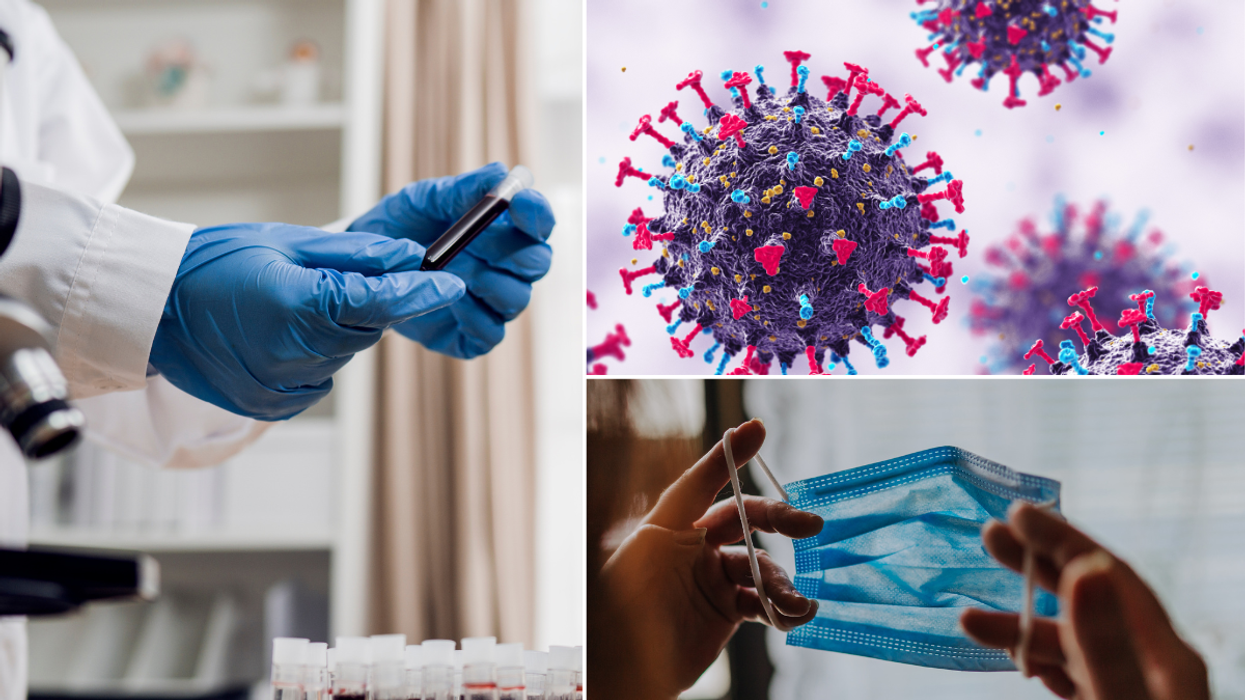 Scientist holding a vial in lab; Covid-19 3D visualisation; person holding a blue face mask