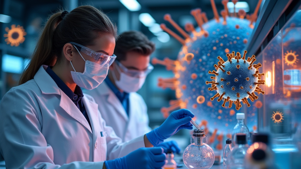 Scientists in a lab next to Covid particles