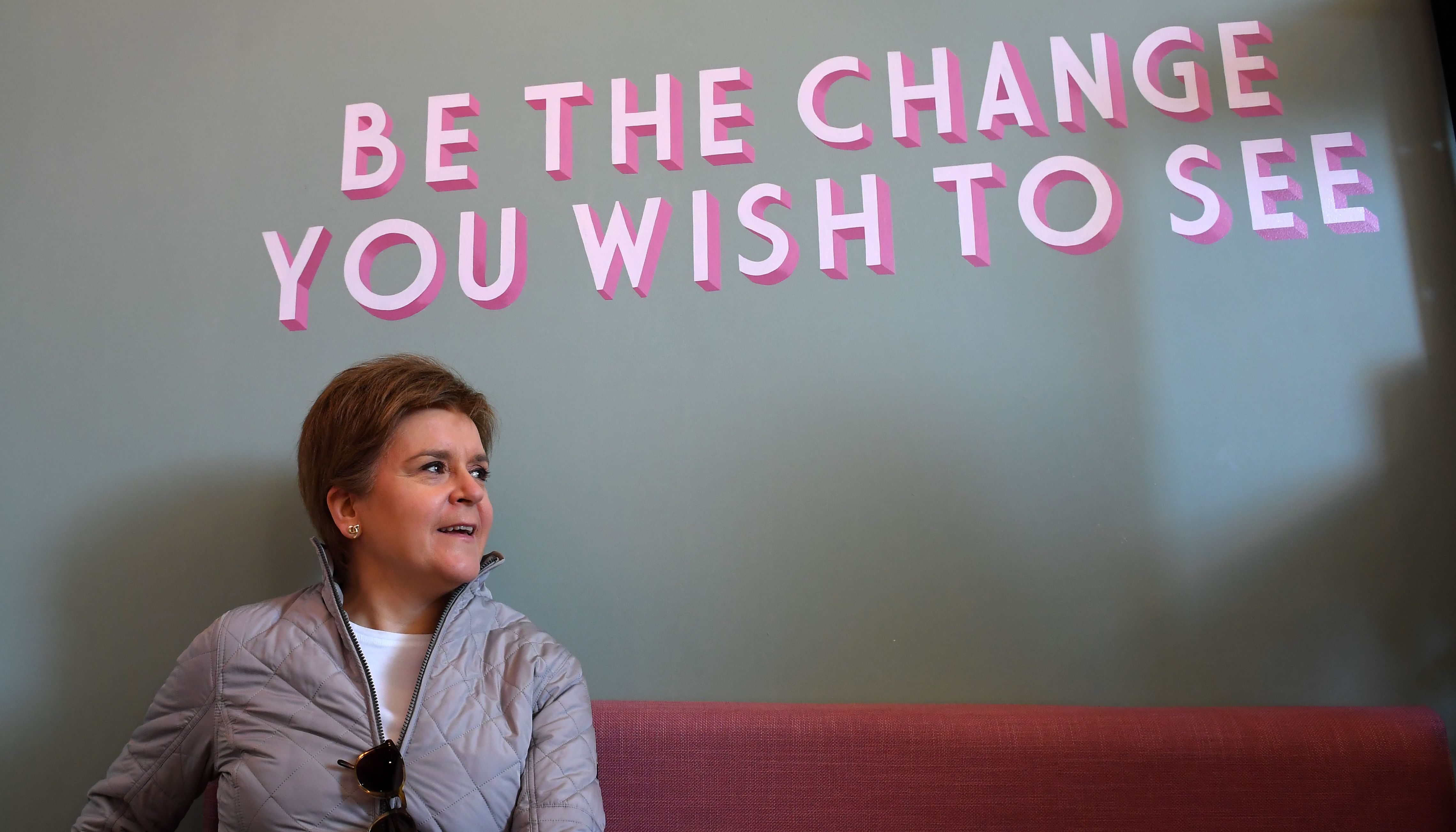 Scotland's First Minister Nicola Sturgeon at the Plant Blonde Cafe, Glasgow, while on the council elections campaign trail. Picture date: Saturday April 23, 2022.