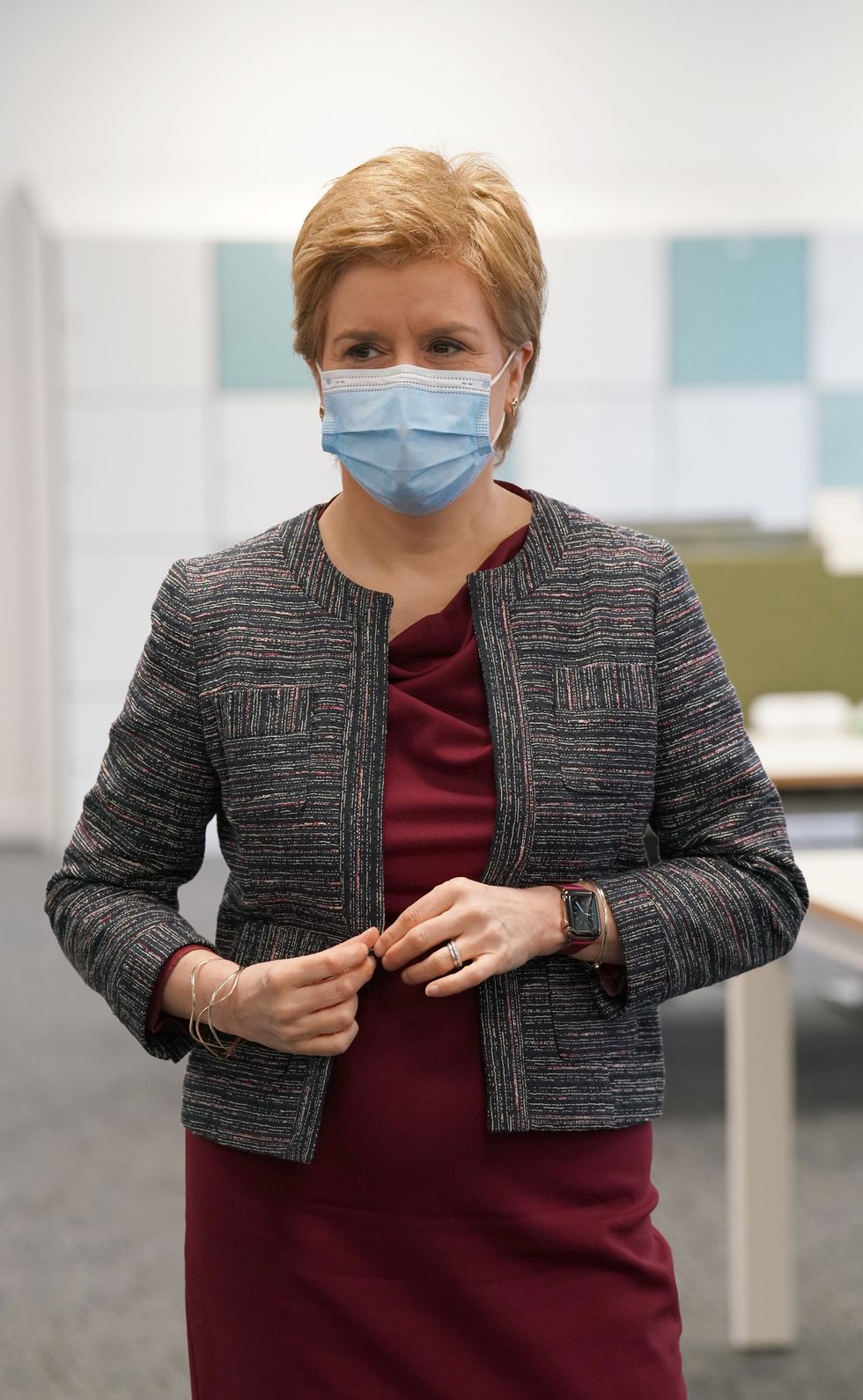 Scotland's First Minister Nicola Sturgeon during her visit to open NHS 24's new centre at Hillington, Glasgow as part of the organisations 20th Anniversary celebrations. Picture date: Monday May 9, 2022.