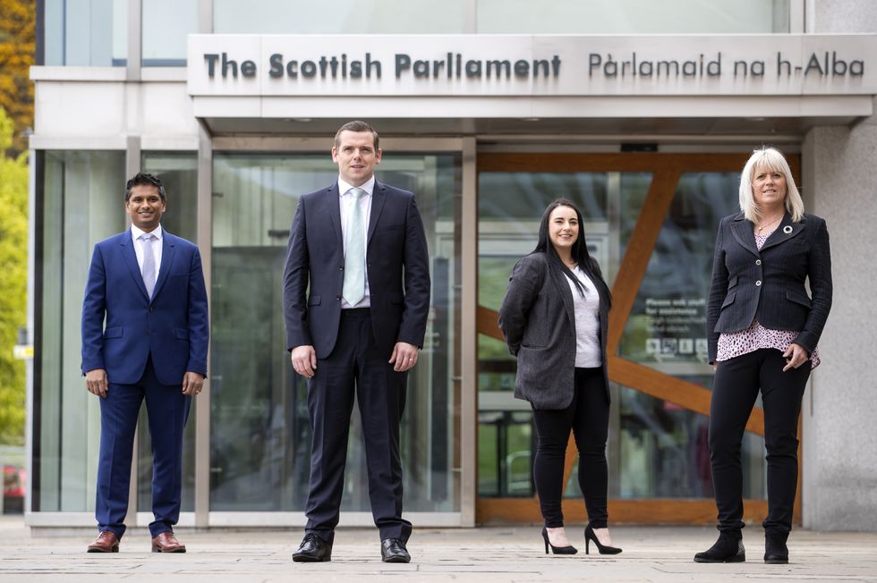 Scottish Conservatives (from left) Sandesh Gulhane, party leader Douglas Ross, Meghan Gallacher and Sue Webber outside the Scottish Parliament, Holyrood