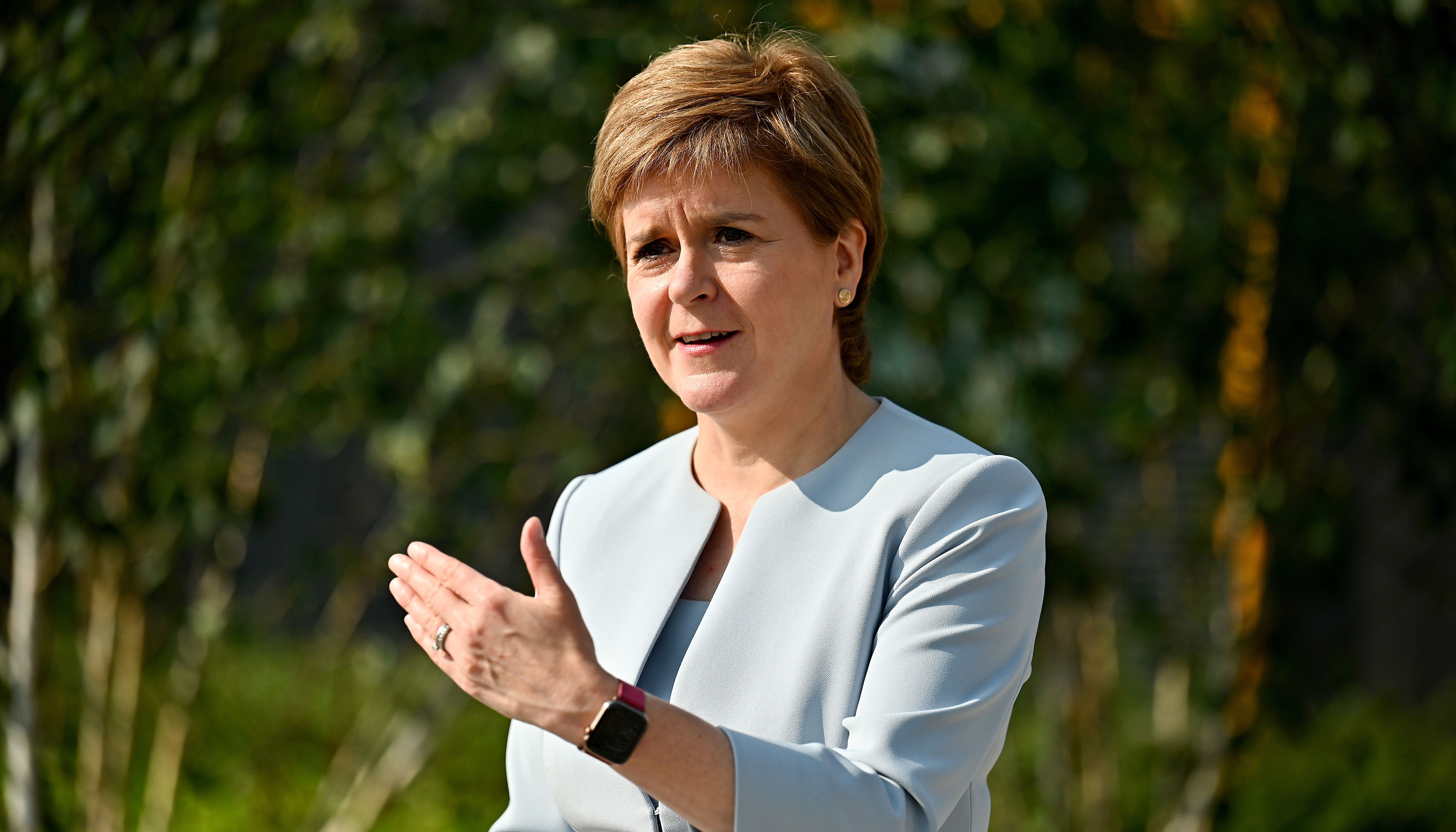 Scottish First Minister Nicola Sturgeon visits the NHS Golden Jubilee in Clydebank, Scotland, Britain August 25, 2021. Jeff J Mitchell/Pool via REUTERS