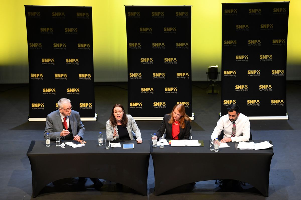Scottish National Party President Mike Russell, Kate Forbes, Ash Regan and Humza Yousaf taking part in the first SNP leadership hustings in Cumbernauld.
