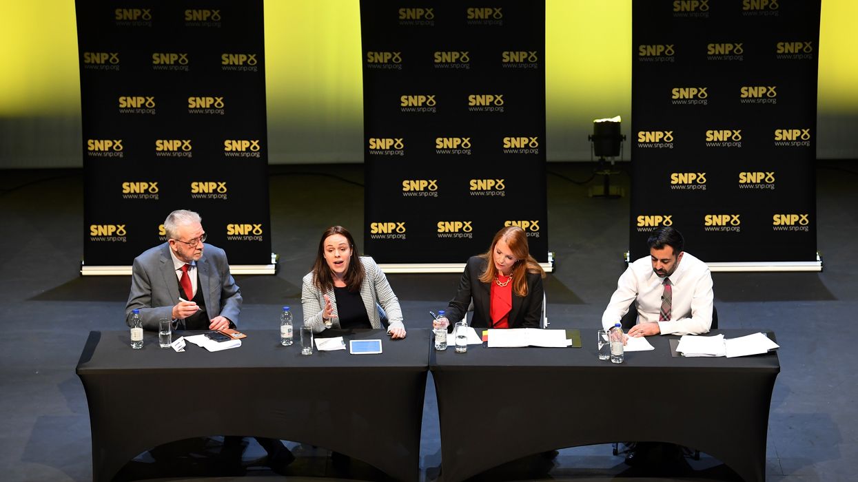 Scottish National Party President Mike Russell, Kate Forbes, Ash Regan and Humza Yousaf taking part in the first SNP leadership hustings in Cumbernauld.