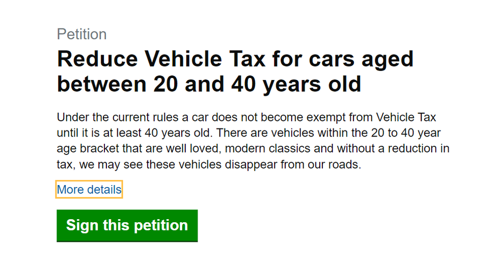 screen shot of petition page