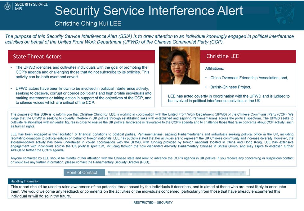 Screengrab of an alert issued by the Office of the Speaker of the House of Commons of an MI5 Security Service Interference Alert (SSIA) warning that Christine Ching Kui Lee \%22an agent of the Chinese government has been active in the British Parliament\%22, and that she has \%22acted covertly\%22 in co-ordination with the United Front Work Department (UFWD) of the Chinese Communist Party (CCP), and is \%22judged to be involved in political interference activities in the UK\%22.