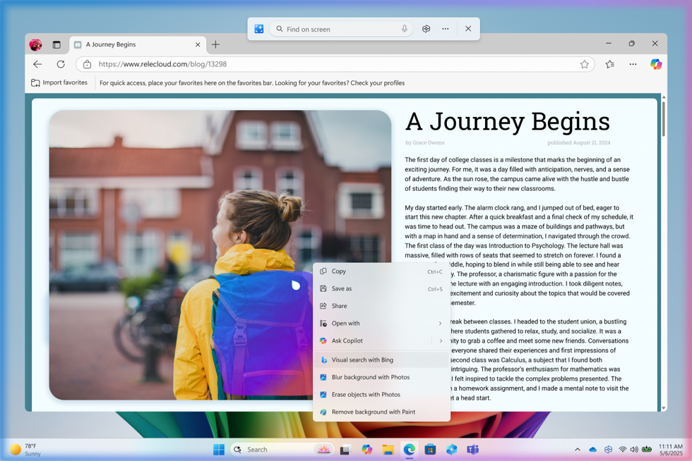 screenshot from windows 11 showing the click to do feature running on copilot plus pc