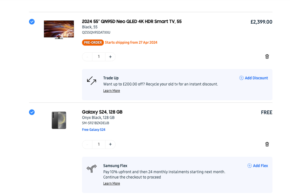 screenshot of a 2024 smart tv in the shopping basket with a galaxy s24 phone with no price tag