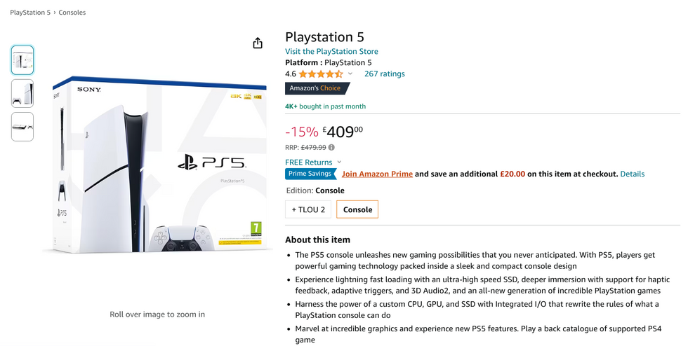 screenshot of an amazon listing for the playstation 5 showing the details of the price cut