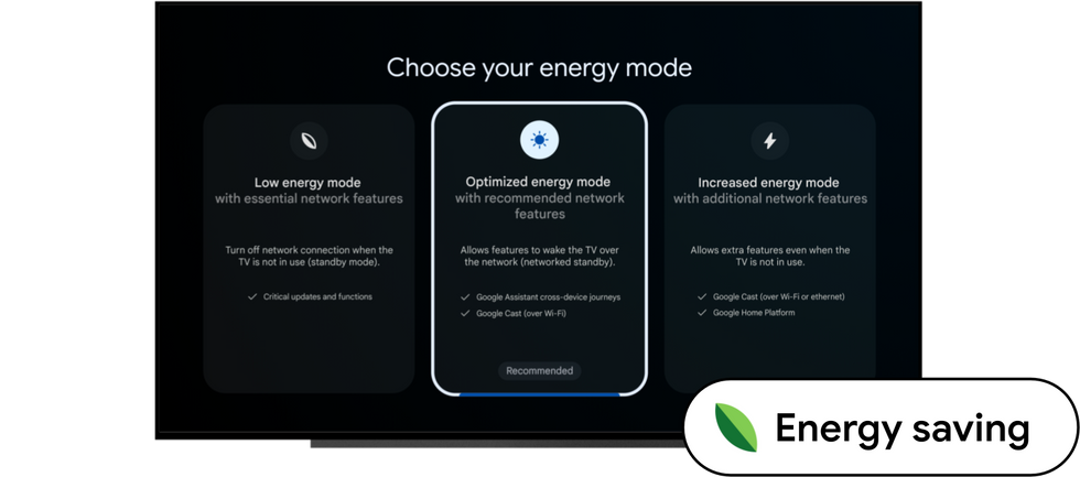 screenshot of android tv menu with a choice between the three new energy saving modes
