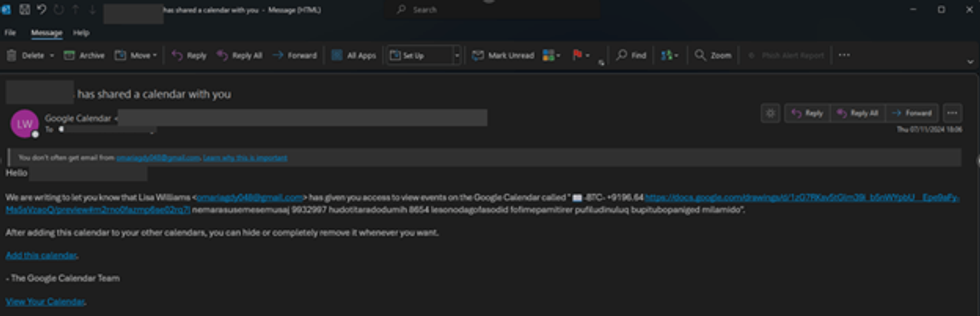 screenshot of email from hackers with fake calendar file